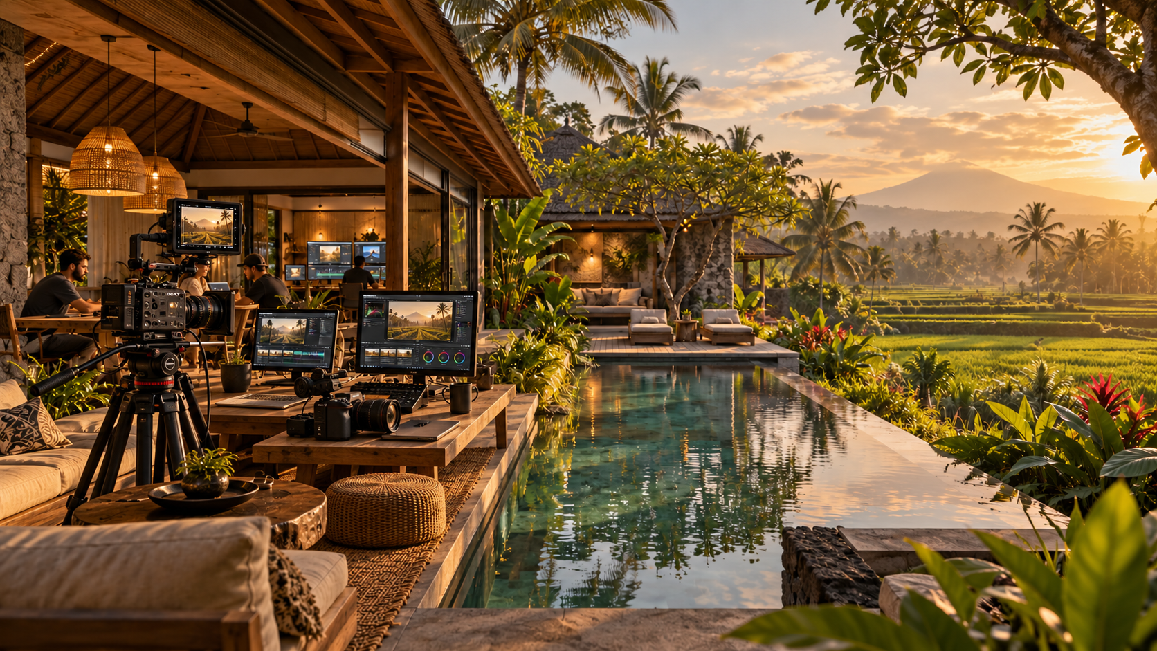 Concept of a Bali creative retreat with a timber pavilion, shared workspace, pool and rice-field views